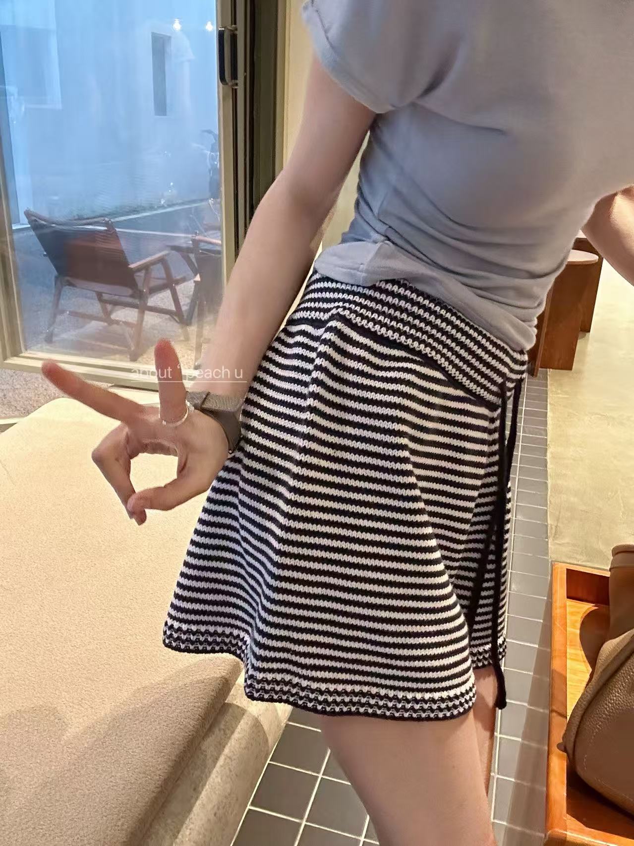 Peach自制 私服系列 博主推荐韩系撞色条纹高腰直筒休闲短裤 882