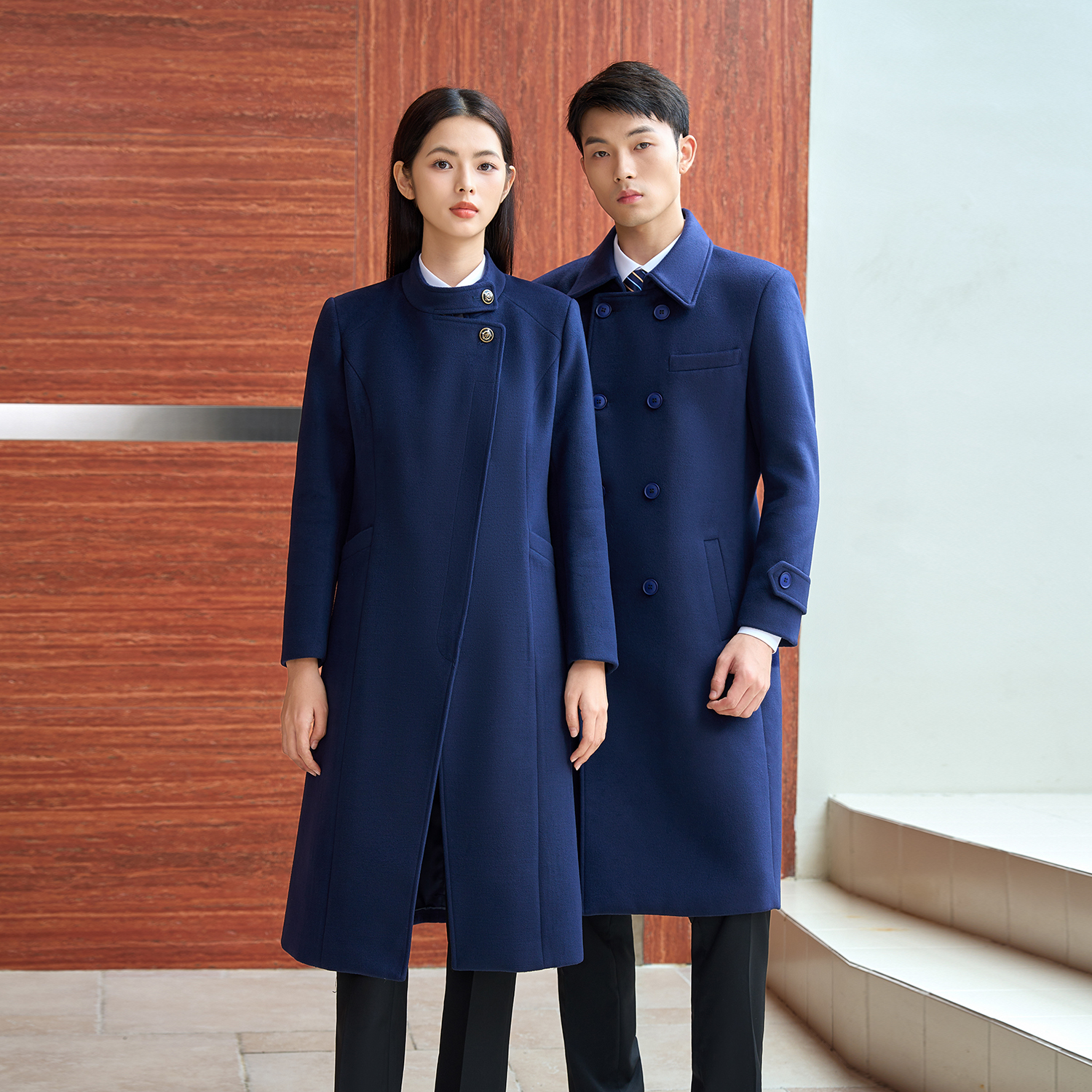 藏蓝色毛呢外套男女同款冬珠宝店工装美容院酒店过膝长款呢子大衣