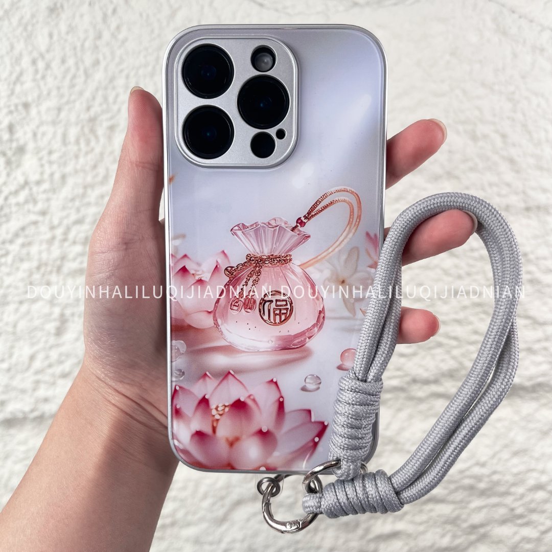 银色福袋玻璃壳适用iphone苹果16华为OPPO小米vivo新款挂绳手机壳