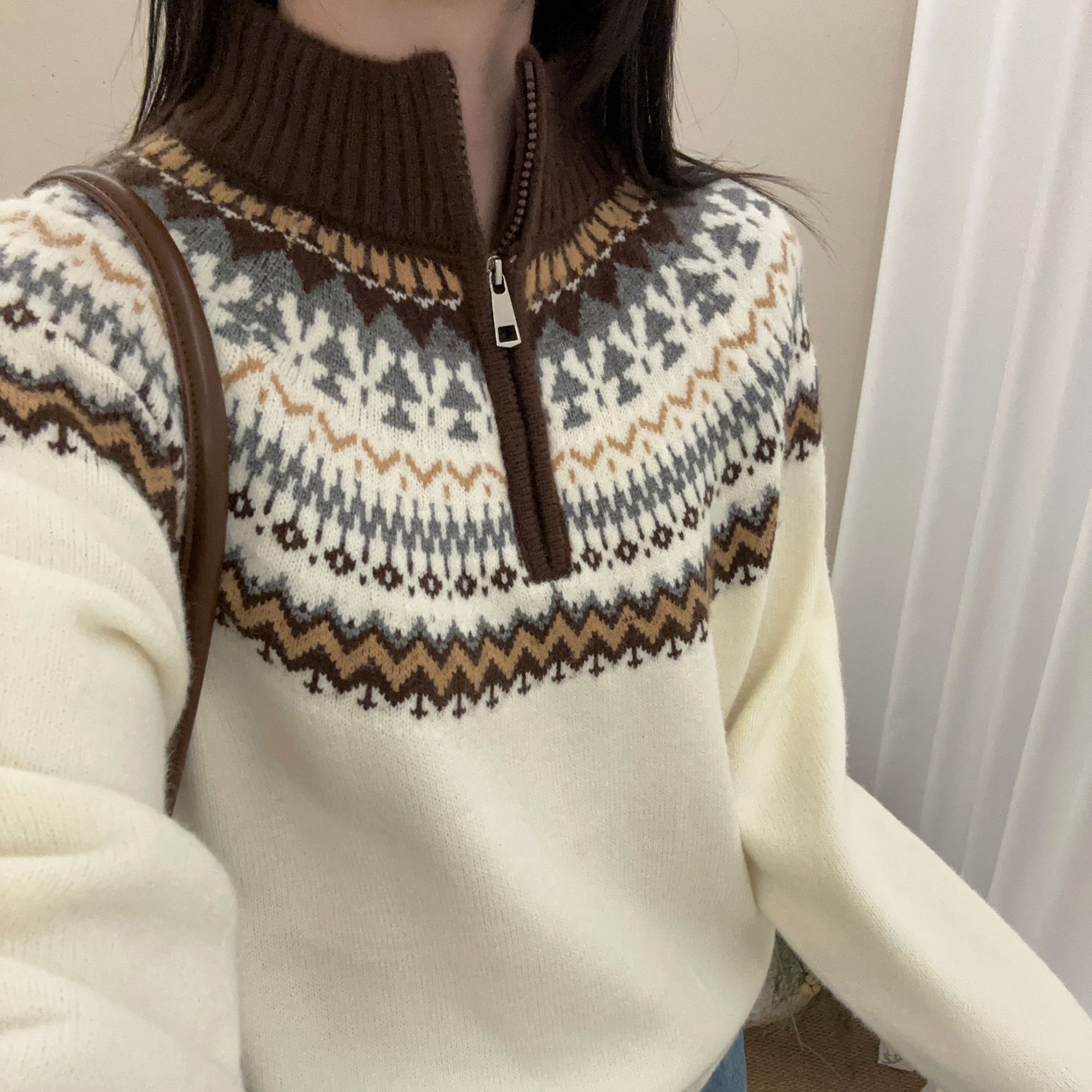 357#新款费尔岛提花半拉链秋冬半高领长袖