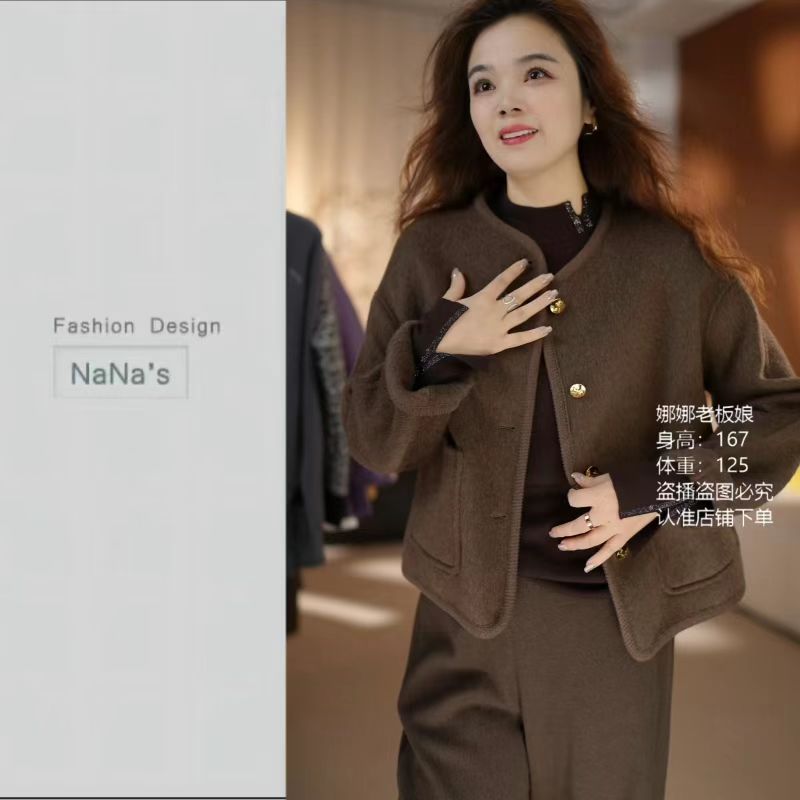 气质高级感时尚圆领小香风短款双面绵羊毛长毛大衣外套百搭款