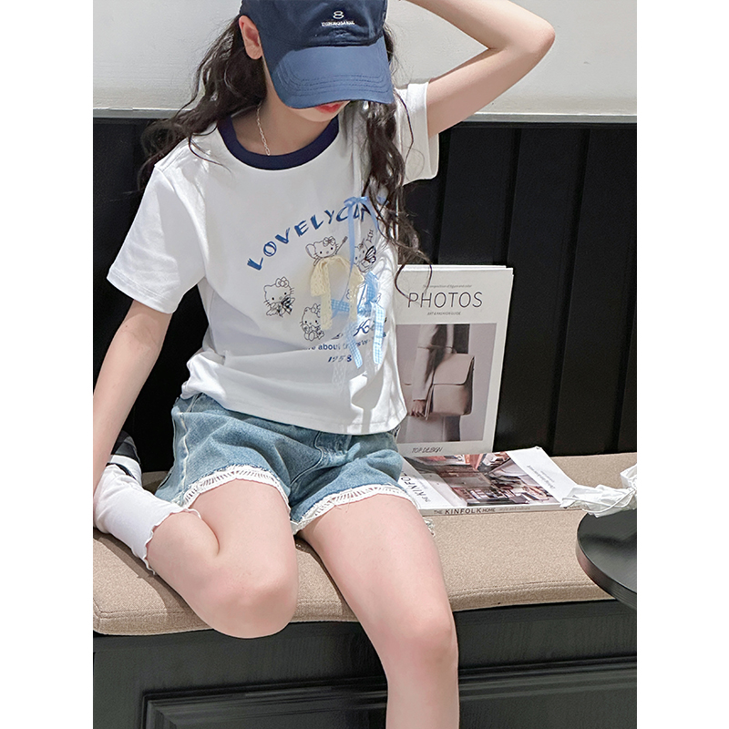 K28617立体蝴蝶结女童短袖T恤2025新款夏装女大童儿童上衣半袖t潮
