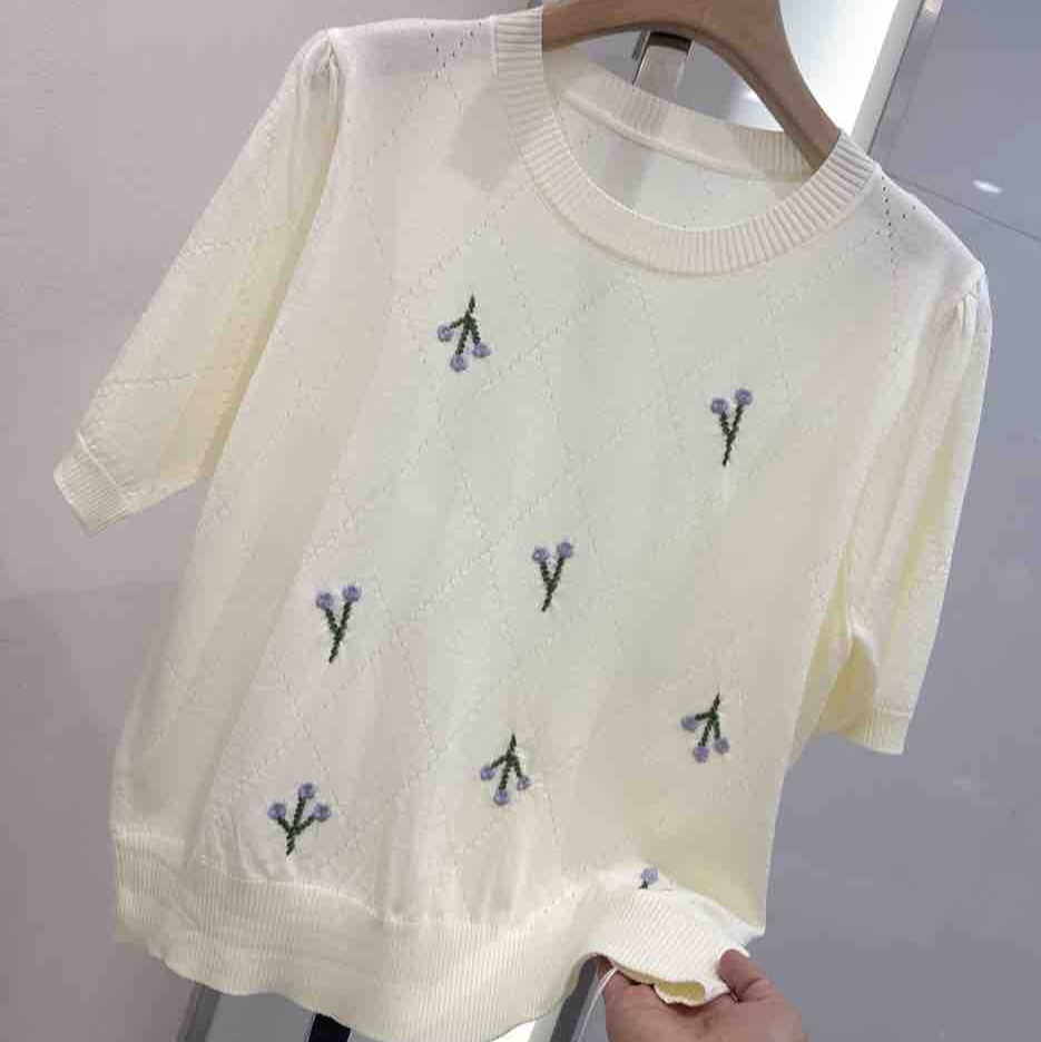 镂空绣花412-3针织短袖女夏季新款修身T恤时尚收腰显瘦上衣