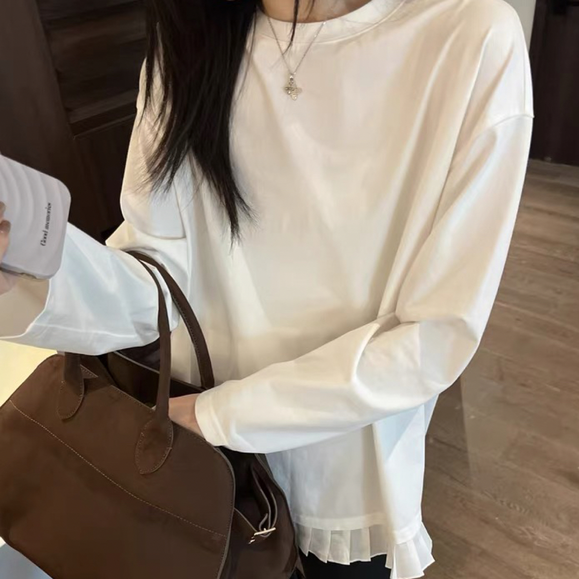 花边纯色大白T恤2025冬款内里磨毛时尚百搭白T恤