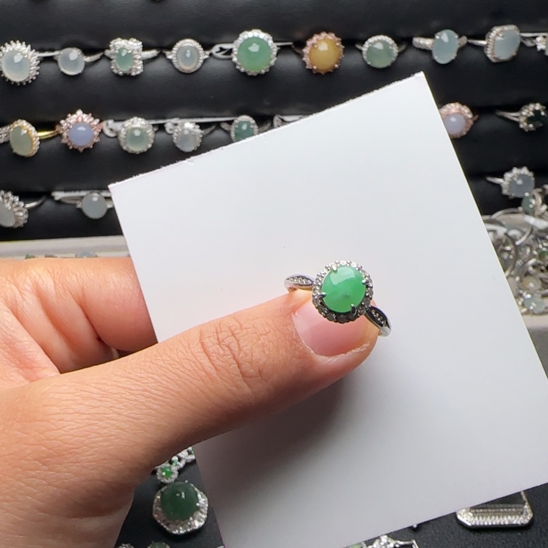 翡翠戒指银S925镶嵌天然缅甸A货翡翠