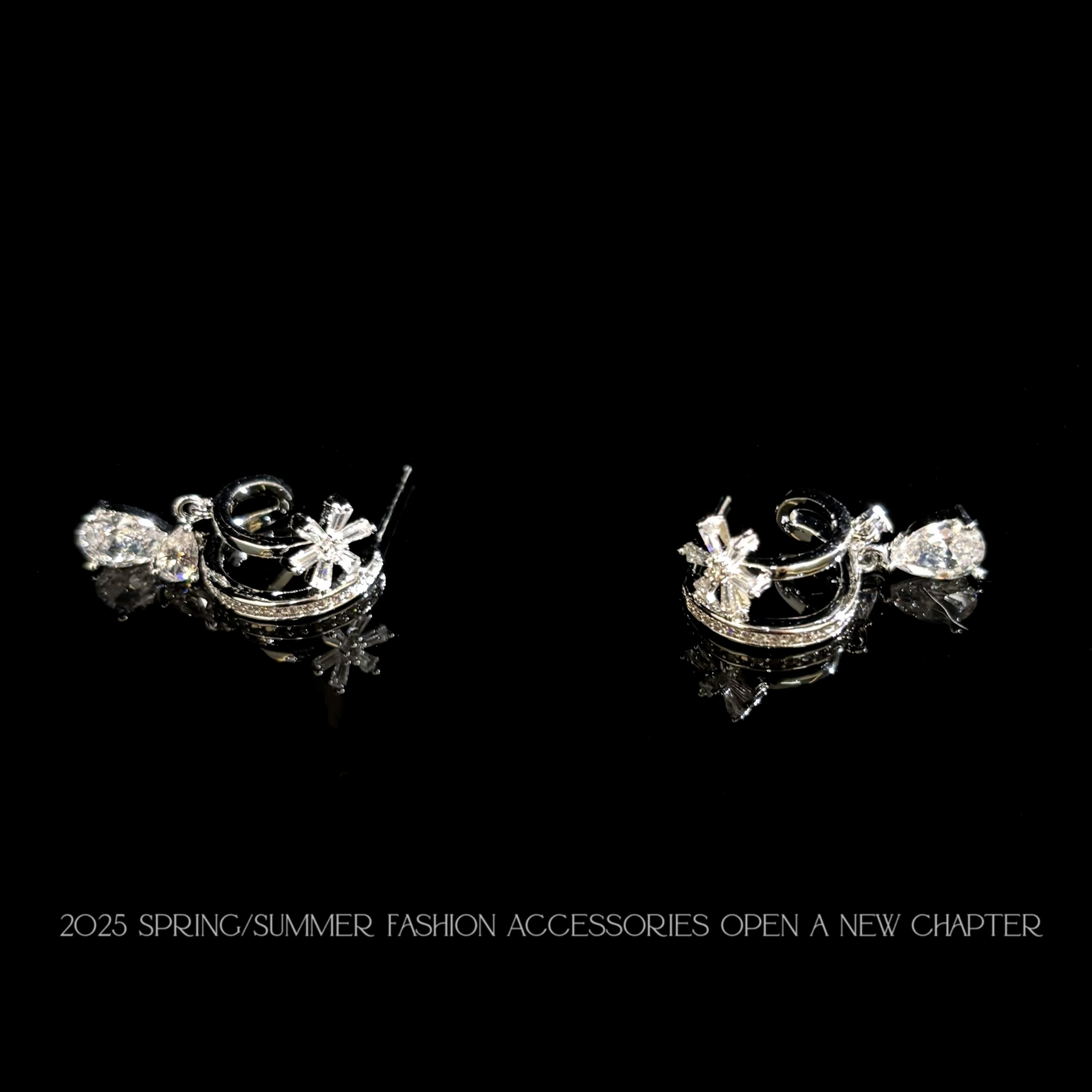 铜合金耳饰 镀白金 2025款C2582【双花水滴】BOBAOLI 耳钉