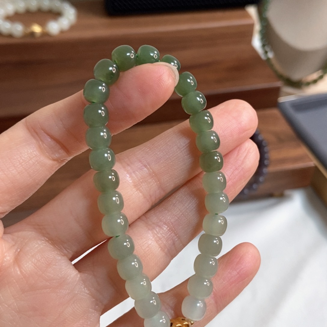 和田玉手链银S925镶嵌福利7mm老型晴水渐变