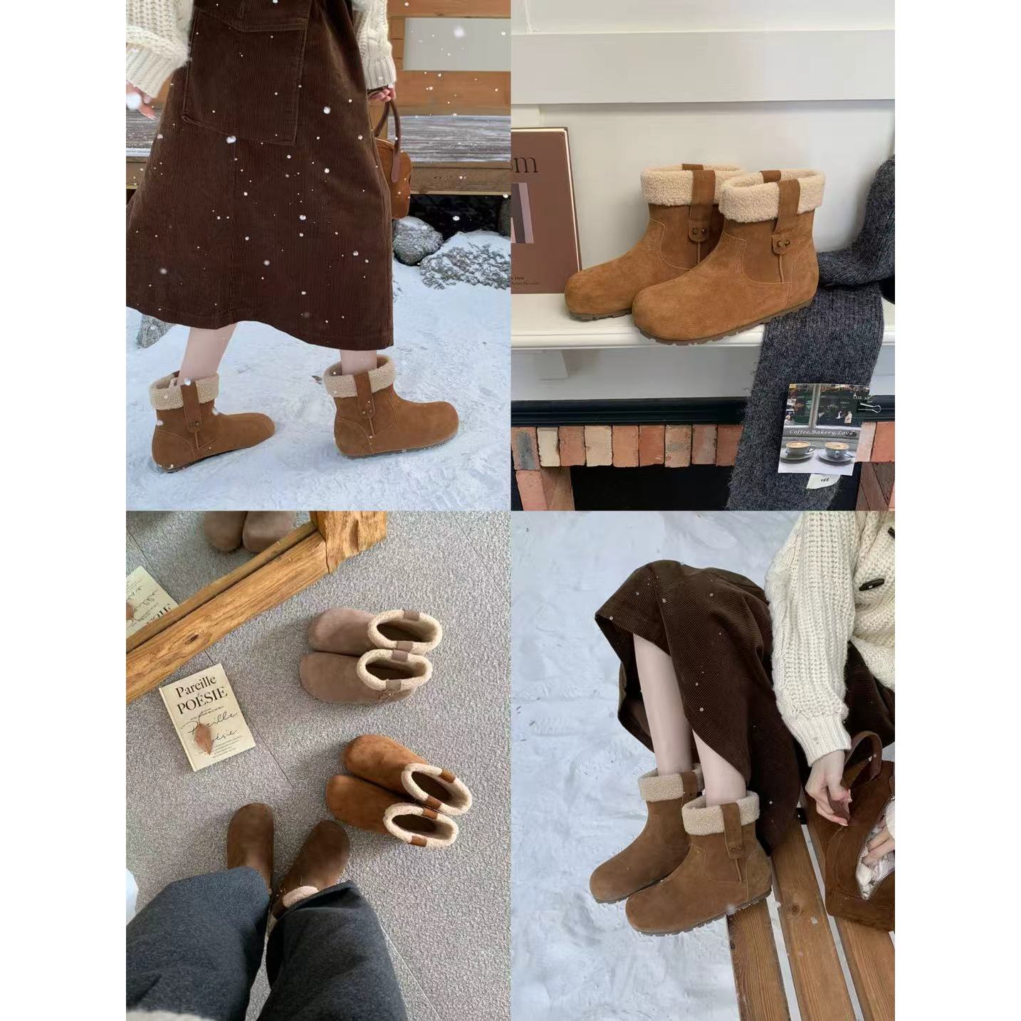 L-311-19#【牛皮】纽扣土豆靴“加绒加厚”保暖时尚翻边雪地靴（福利）