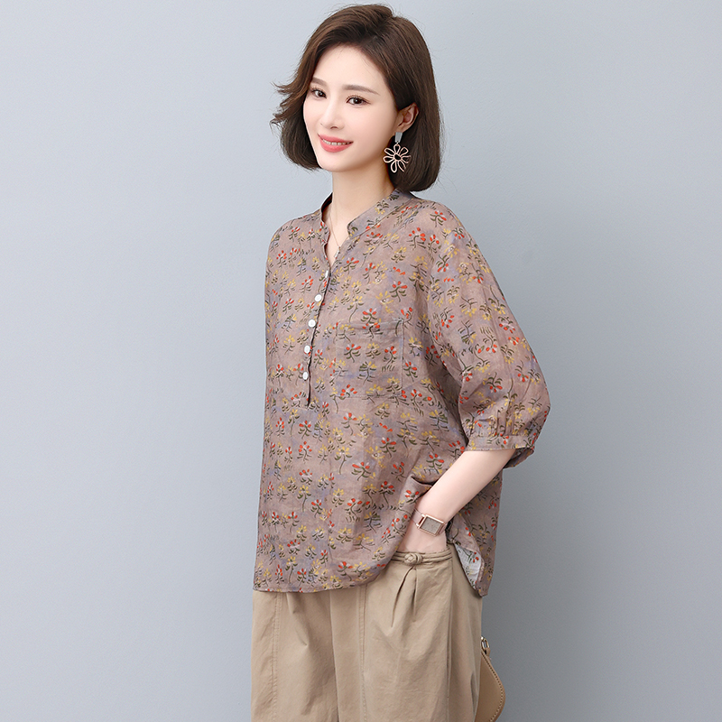 纯苎麻T恤女短袖2022年新款夏季挑染碎花五分袖中袖妈妈体恤上衣