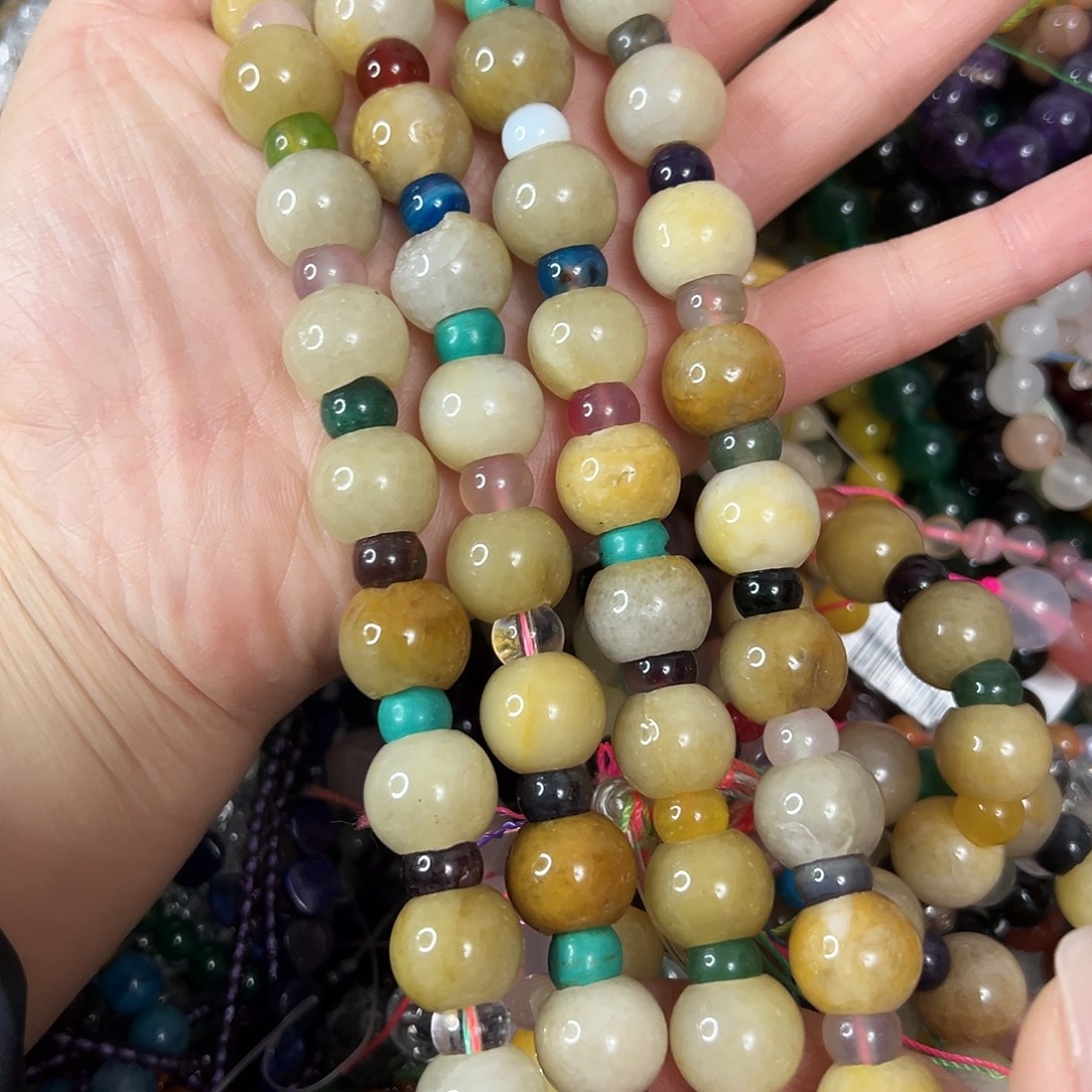 玛瑙/玉髓未镶嵌珠宝半成品，卡14老黄玉车轮➕卡8多宝圆珠一条