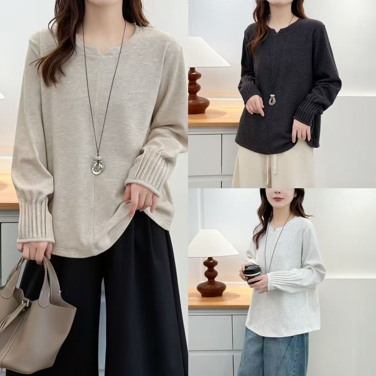 胖mm大码女装常规款极简风休闲风长袖女T恤秋冬套装韩版圆领