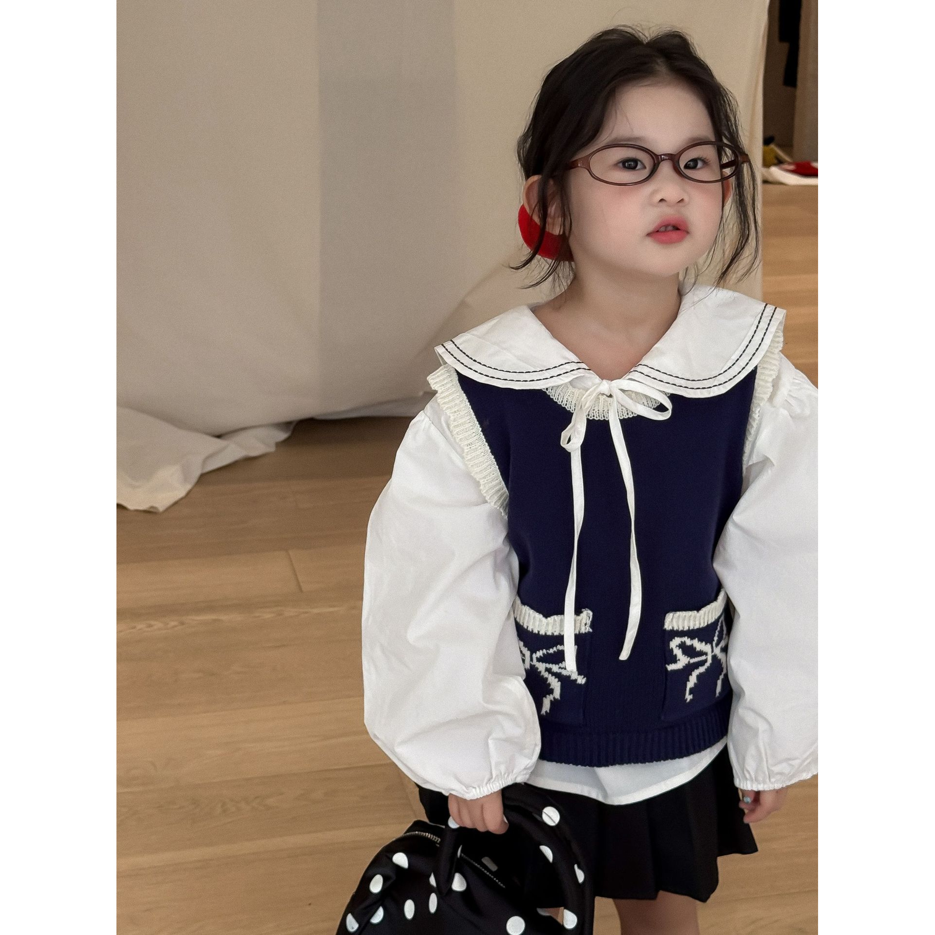 Bmy2025at 女童秋季新款韩版蝴蝶结马甲内搭衬衫百褶裙套装