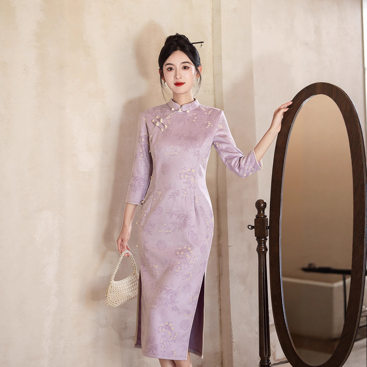 【香芋】紫色国风七分袖长款秋季旗袍改良年轻款女复古修身收腰春
