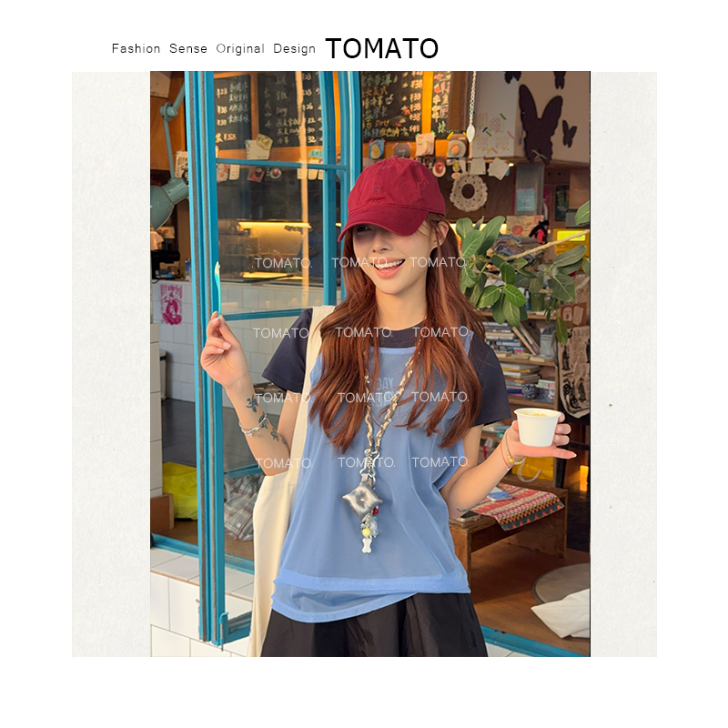 【TomaTo】缘羽 夏季新款韩系清新印花T恤网纱吊带真两件C25T051102