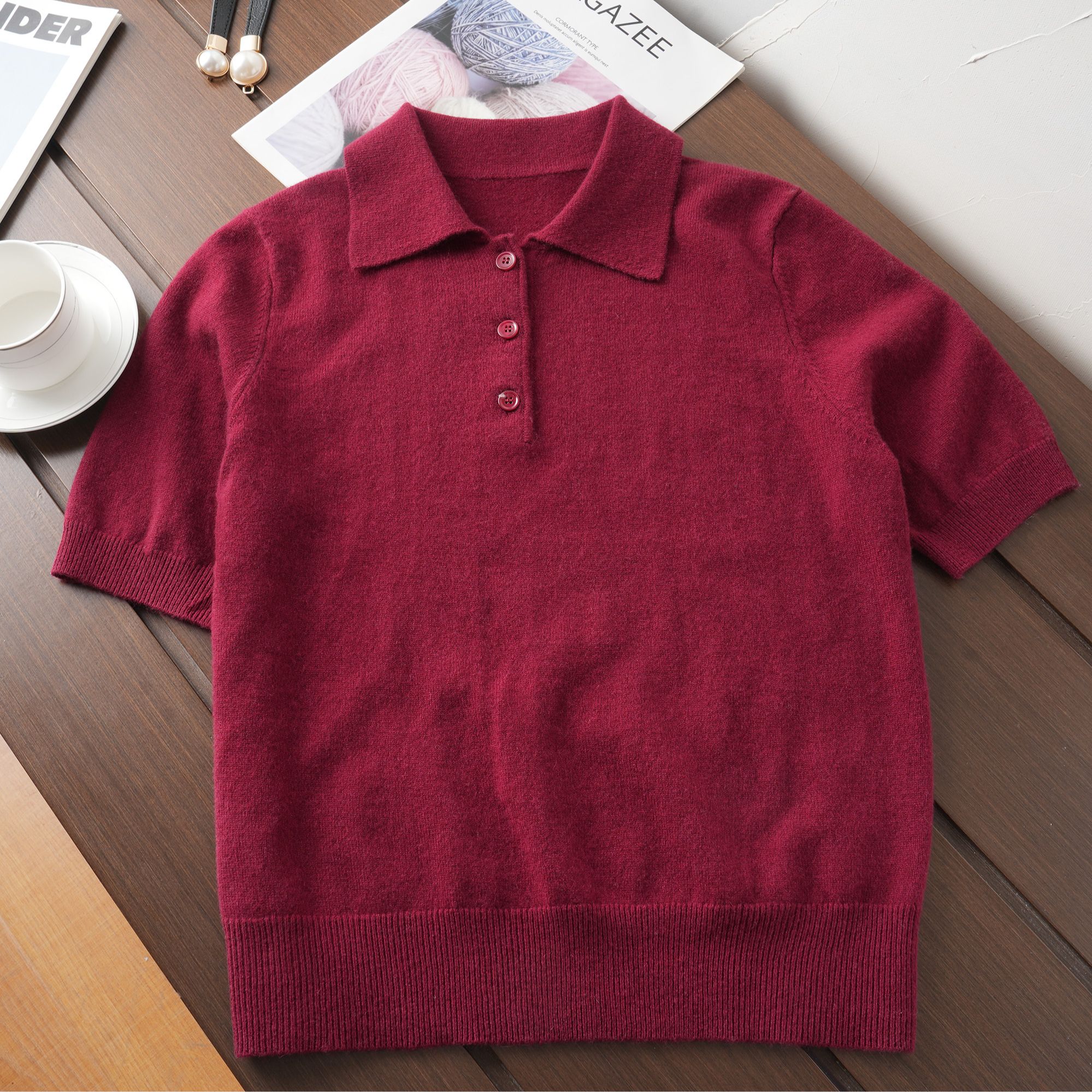 【miu~同款】.100纯山羊绒Polo领半开女士短袖  YXW24430 