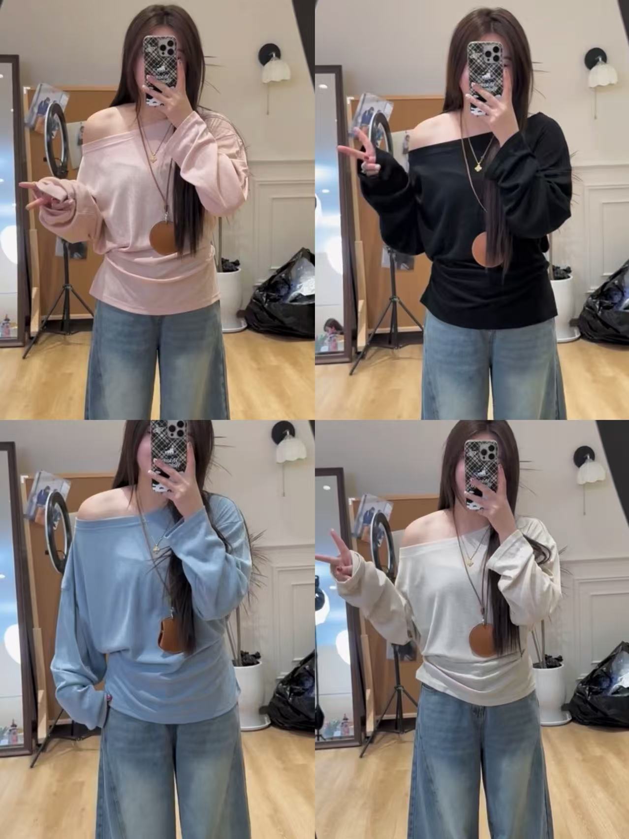 大码女装纯欲斜肩长袖T恤秋季新款胖MM后背绑带罩衫收腰显瘦上衣