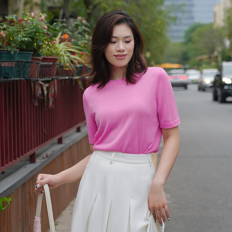 天丝针织衫女装基础薄款纯色短袖上衣圆领内搭打底衫2025夏季新款
