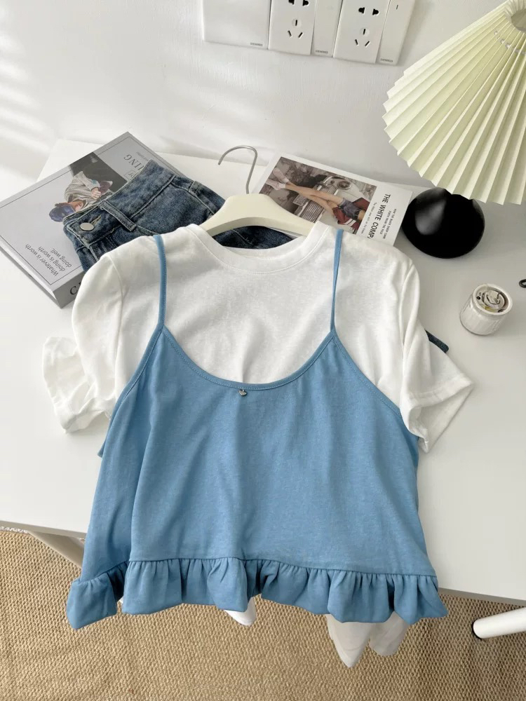妮妮家7066夏季新款时尚洋气吊带背心搭配T恤两件套