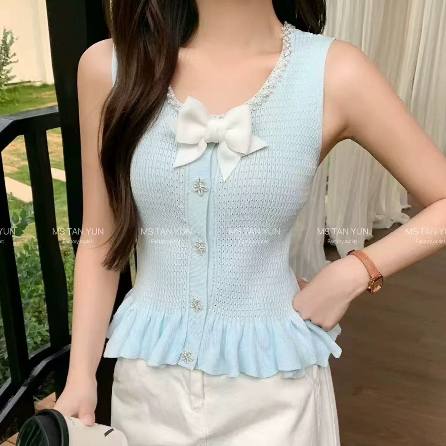 法式小香风钉珠蝴蝶结无袖背心女夏新款弹力百搭荷叶边针织衫上衣