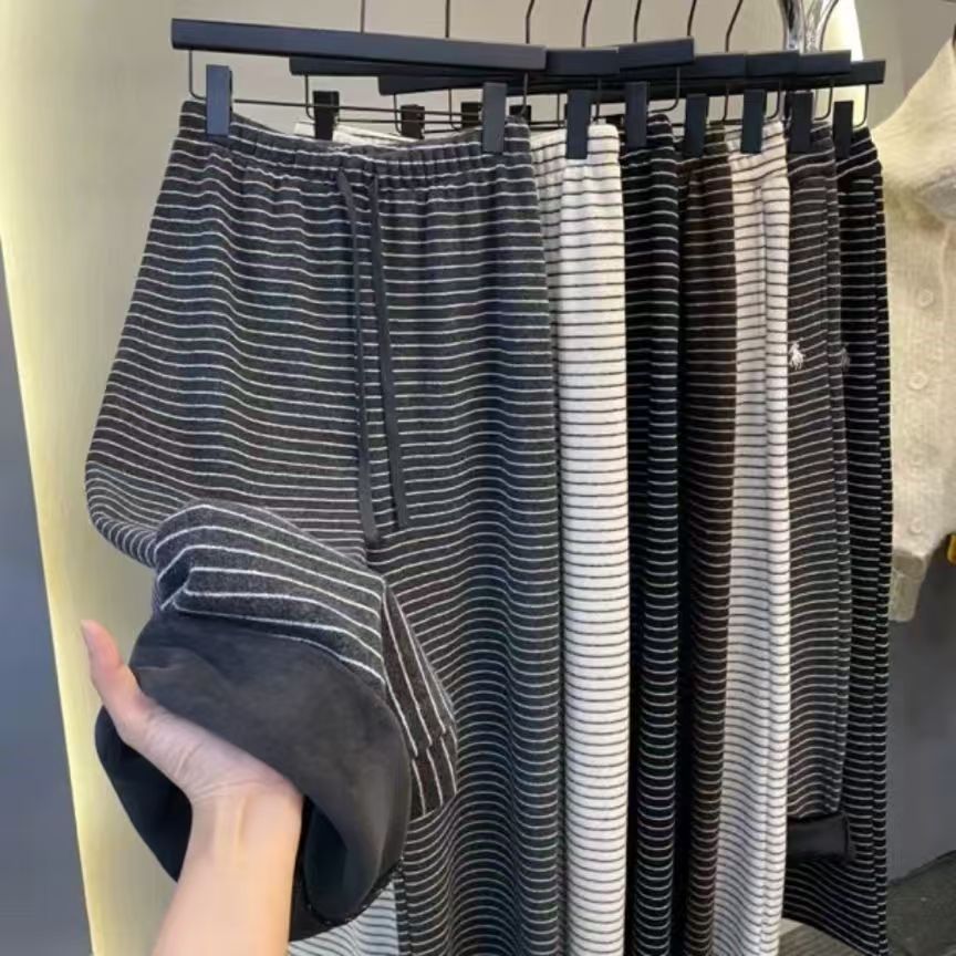 加绒加厚显瘦条纹休闲裤冬季新款梨形身材小个子阔腿拖地裤时尚