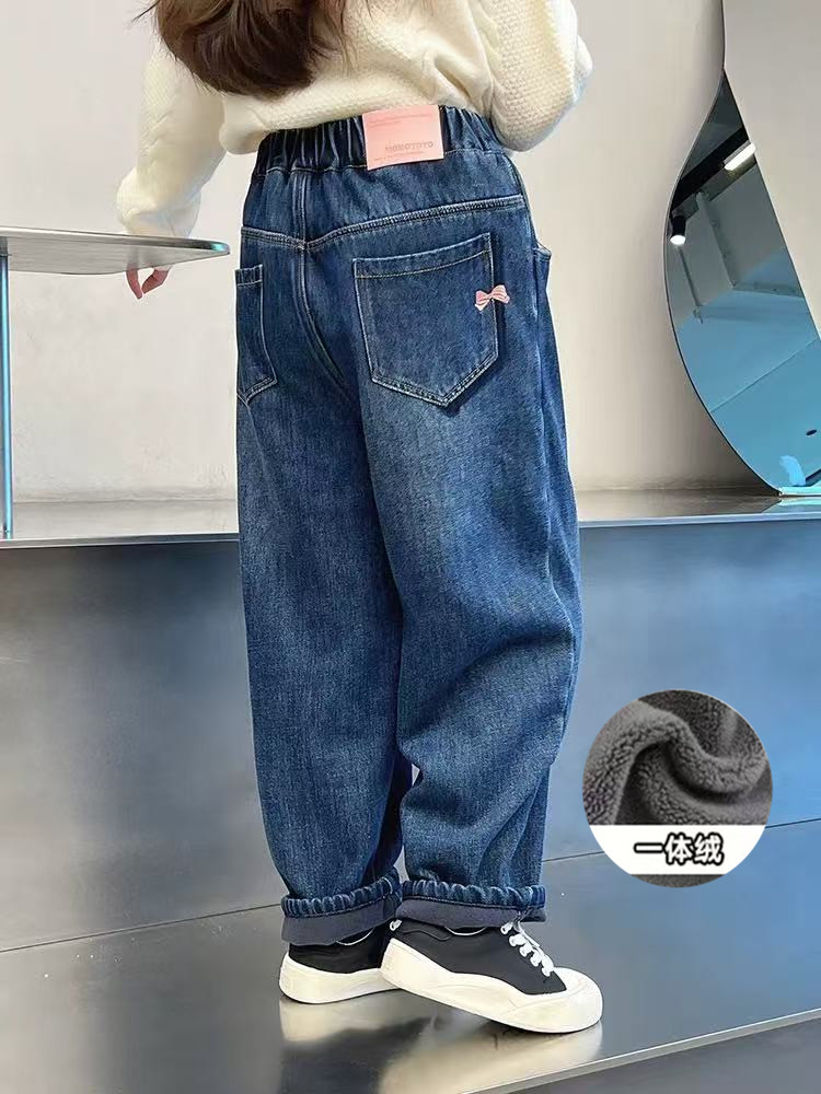 女童一体绒加厚洋气直筒牛仔长裤大儿童宽松休闲裤子2025冬装新款