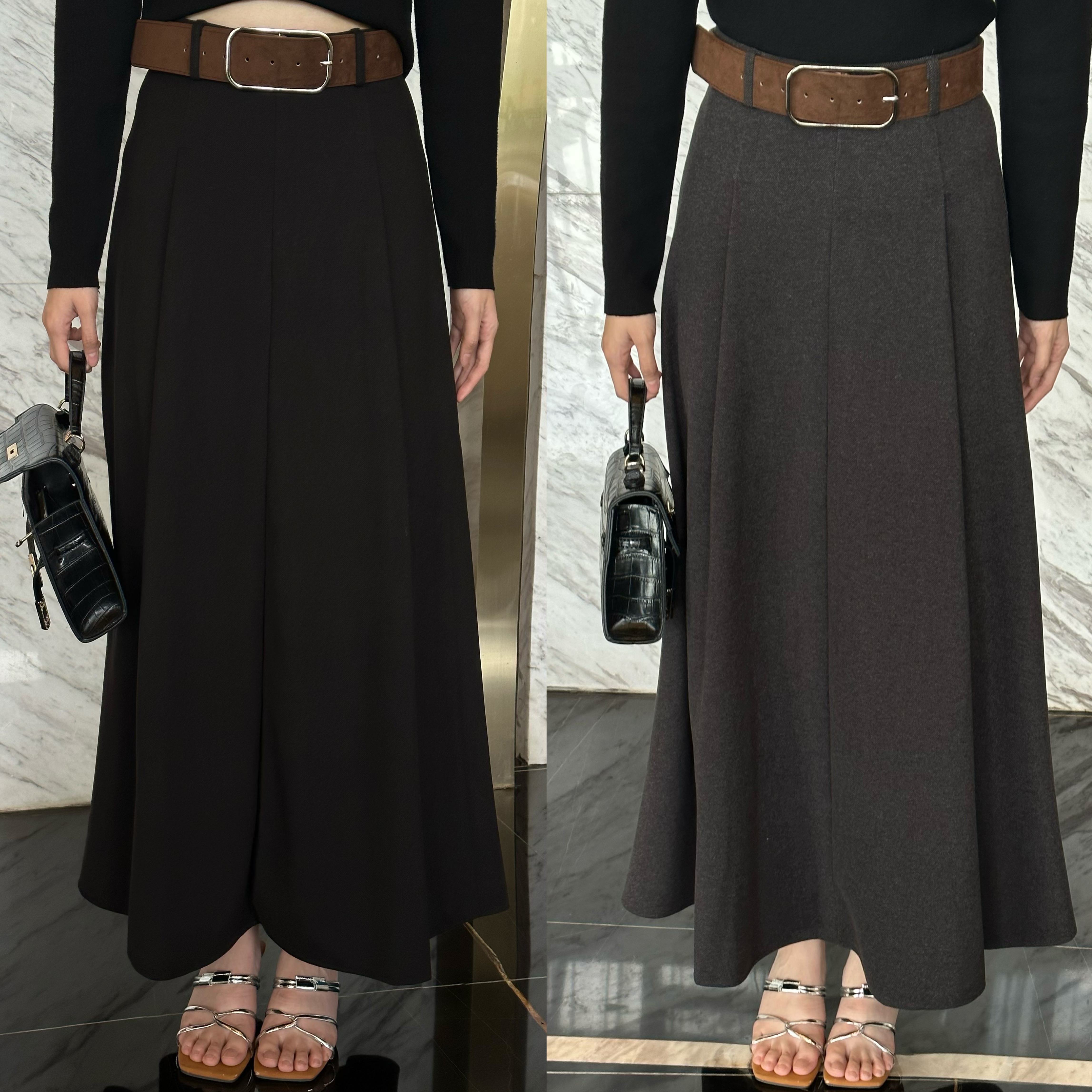 【法式别致 】配皮带高腰遮跨显瘦毛呢长裙女