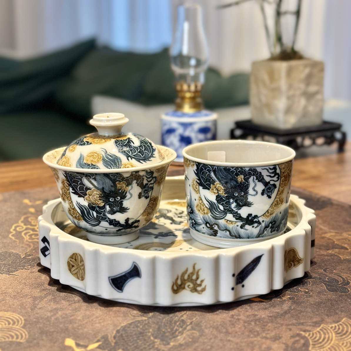 景德镇立勤堂手工手绘青花釉里金龙马精神高档陶瓷龙纹茶具套装