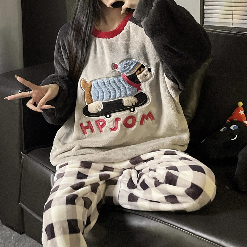 胖mm宽松家居服套装男女同款情侣睡衣冬法兰绒套头加厚保暖200斤