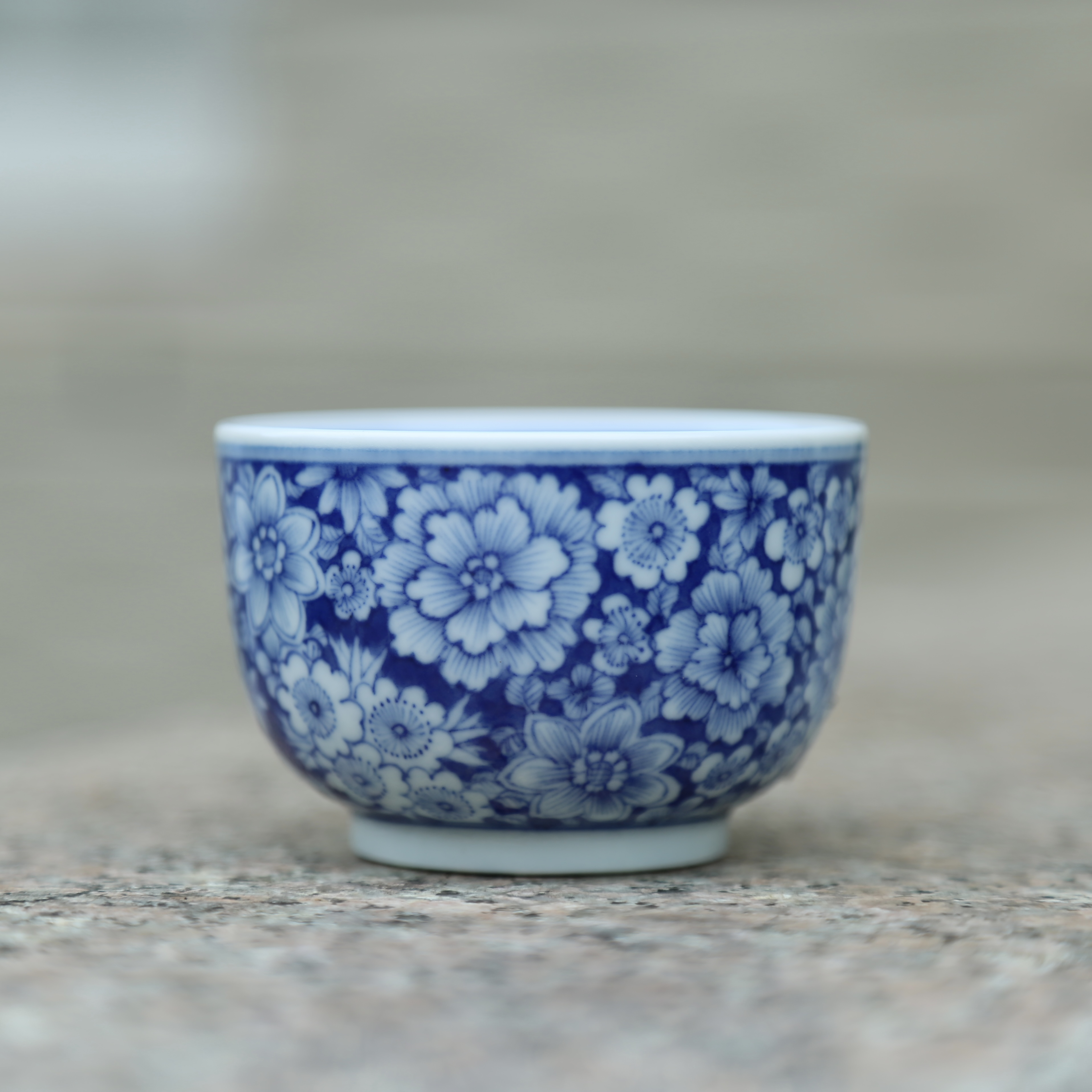 青花玉璧底内外绘百花不落地主人杯茶杯茶周边水杯陶瓷茶具青花瓷