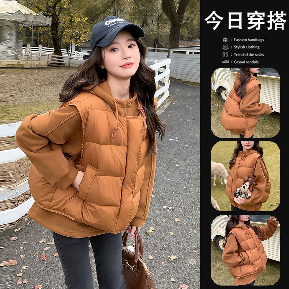 胖mm200斤欧洲站冬季宽松显瘦立领马甲+加绒连帽卫衣洋气两件套女