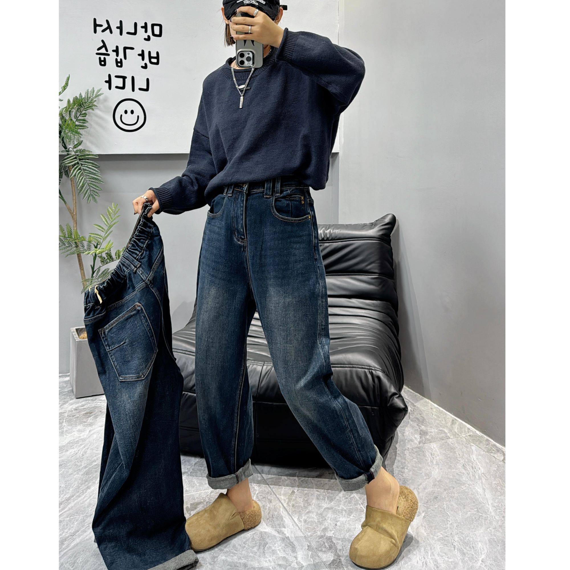 零点捌秒冬季植绒大码哈伦老爹牛仔裤女胖mm梨形身材显瘦百搭07-9