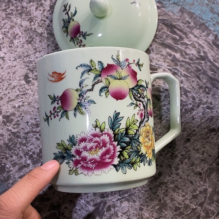 摆件陶瓷绿稀土牡丹寿桃办公杯