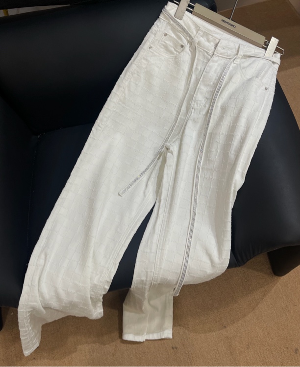 KW【格子白】南油欧货设计师款女装白色提花纹格子配腰带牛仔裤