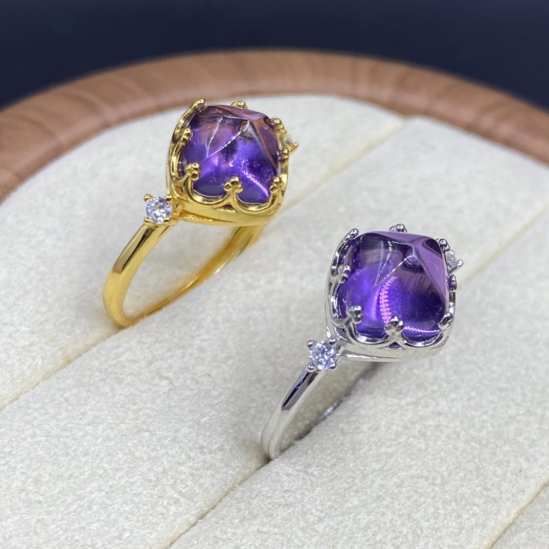 糖塔戒指天然紫水晶戒指s925银 主石8mm 经典简约时尚百搭开口YM