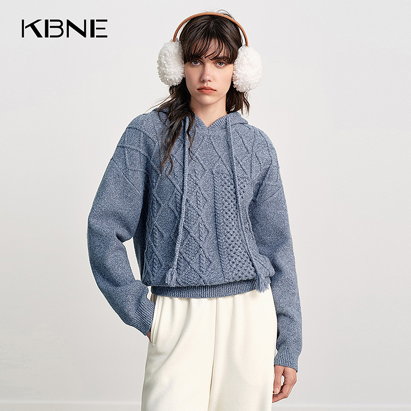 KBNE针织衫女款爆款2025新款秋冬复古菱格绞花休闲百搭毛衣连帽衫