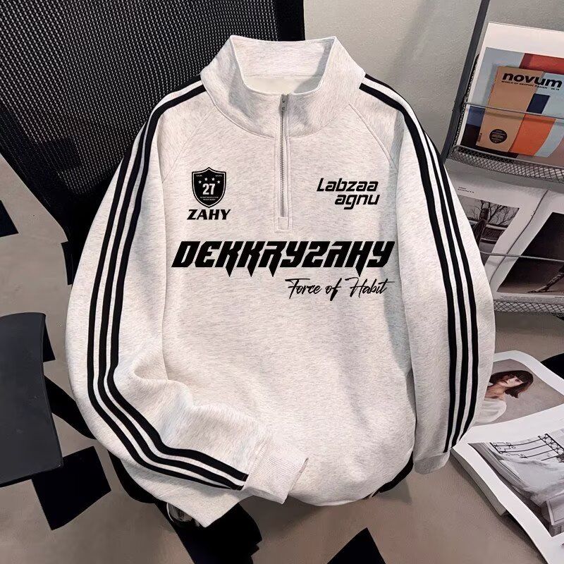 潮牌港风拼色长袖刺绣字母美式复古宽松轻奢痞帅男装卫衣拉链