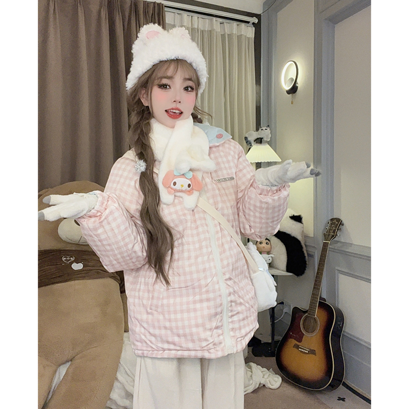 甜美风粉色格纹撞色翻领双面穿棉服女冬季韩版百搭保暖面包服外套
