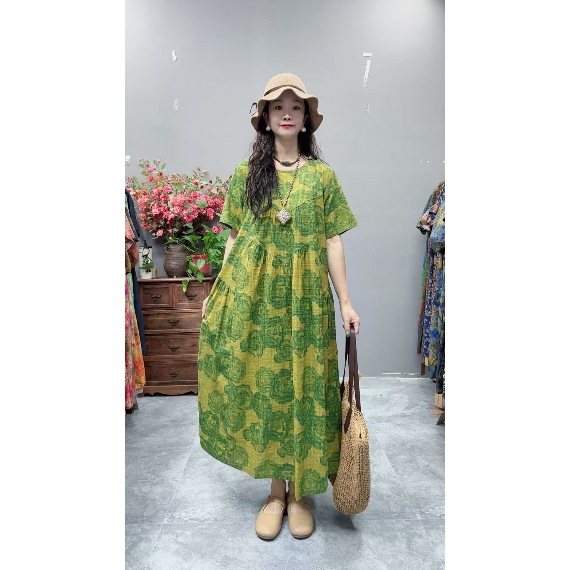 5174夏季新款显瘦气质时尚女百搭休闲文艺复古印花洋气宽松连衣裙