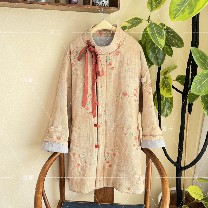 【花意礼物】冬季加厚复古印花减龄斜襟系带中长款棉衣棉服52730