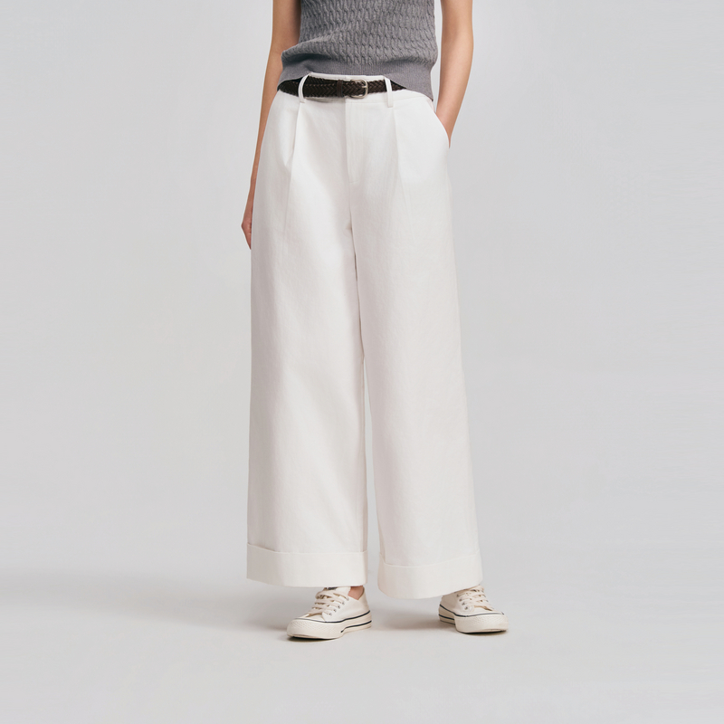 POLOWALK女式休闲裤2026春季新品编织腰带阔腿休闲长裤【100%棉】