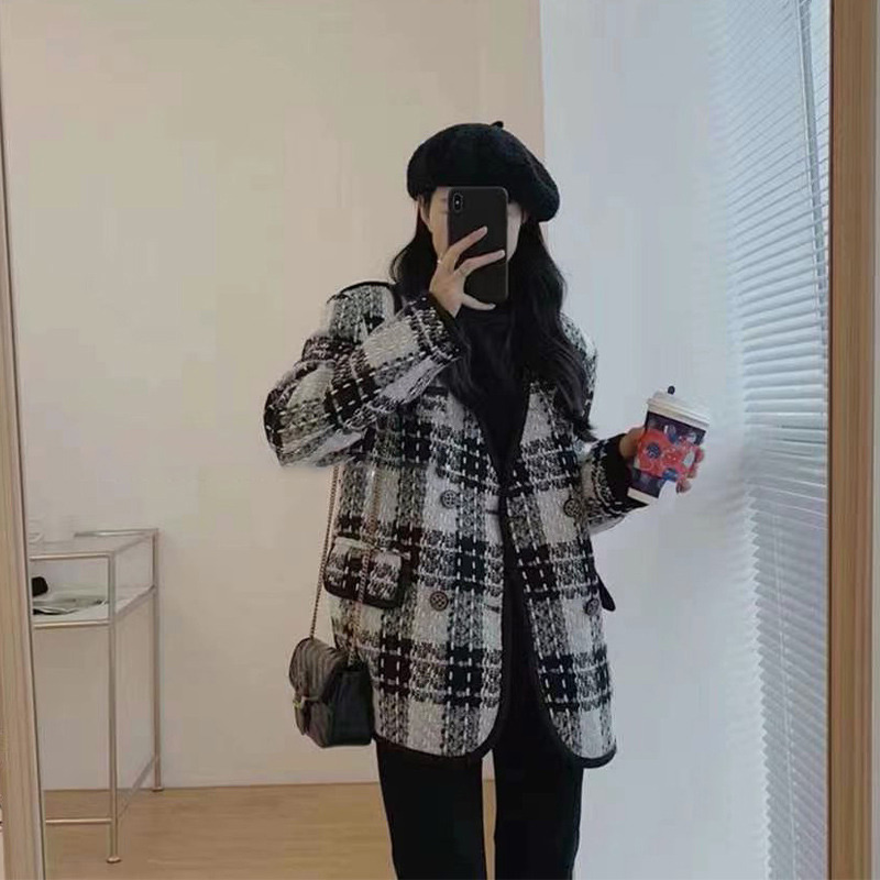 2025新款爆款法式小香风中长款小众独特别致格子西装外套女春秋款
