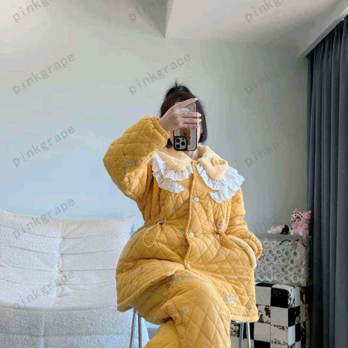 女士冬季三层夹棉加厚可外穿甜美宽松碎花睡衣套装