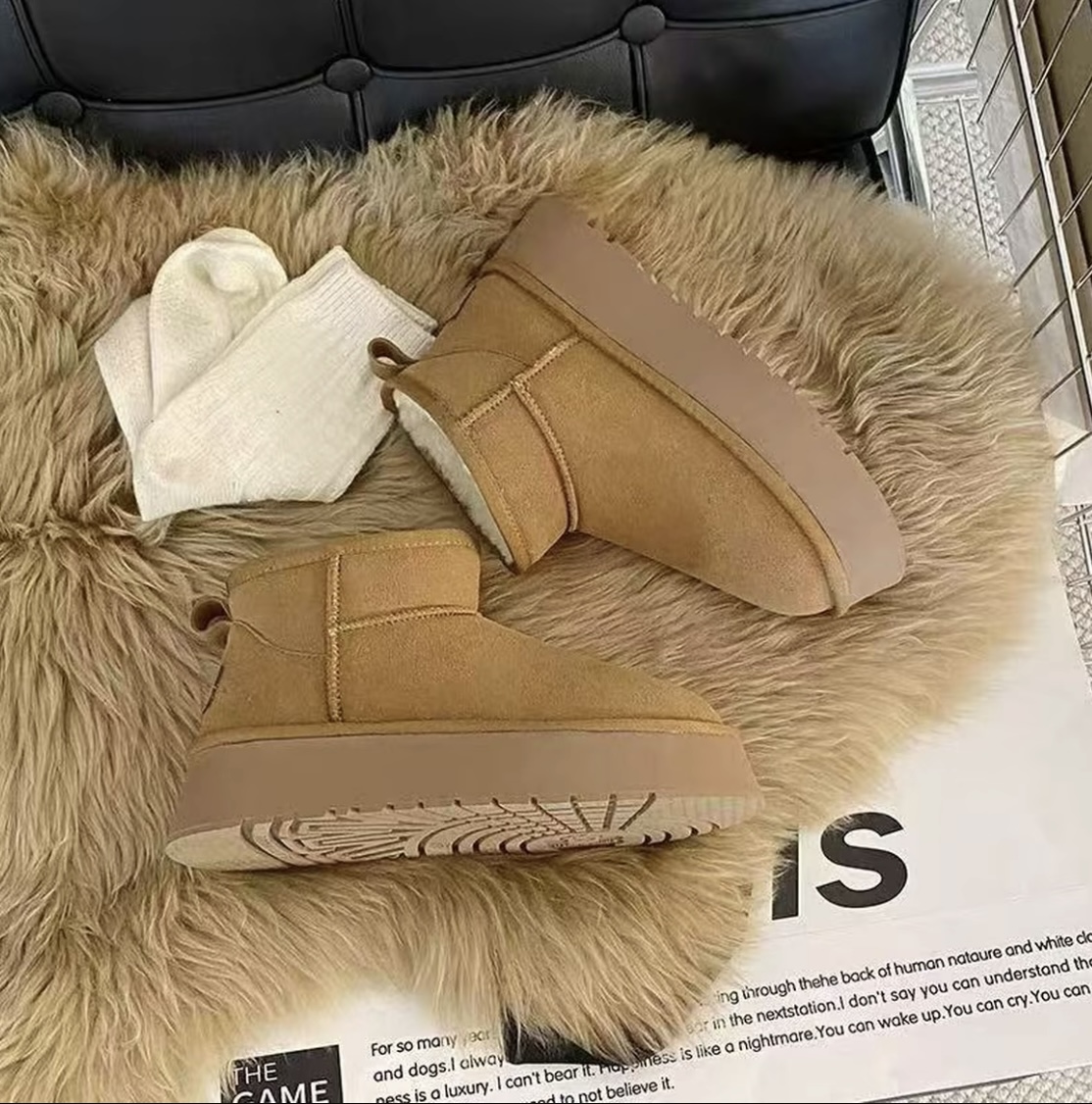 K【现货+运费险】防滑时尚雪地靴小个子灰色雪地靴保暖韩版棉鞋低帮