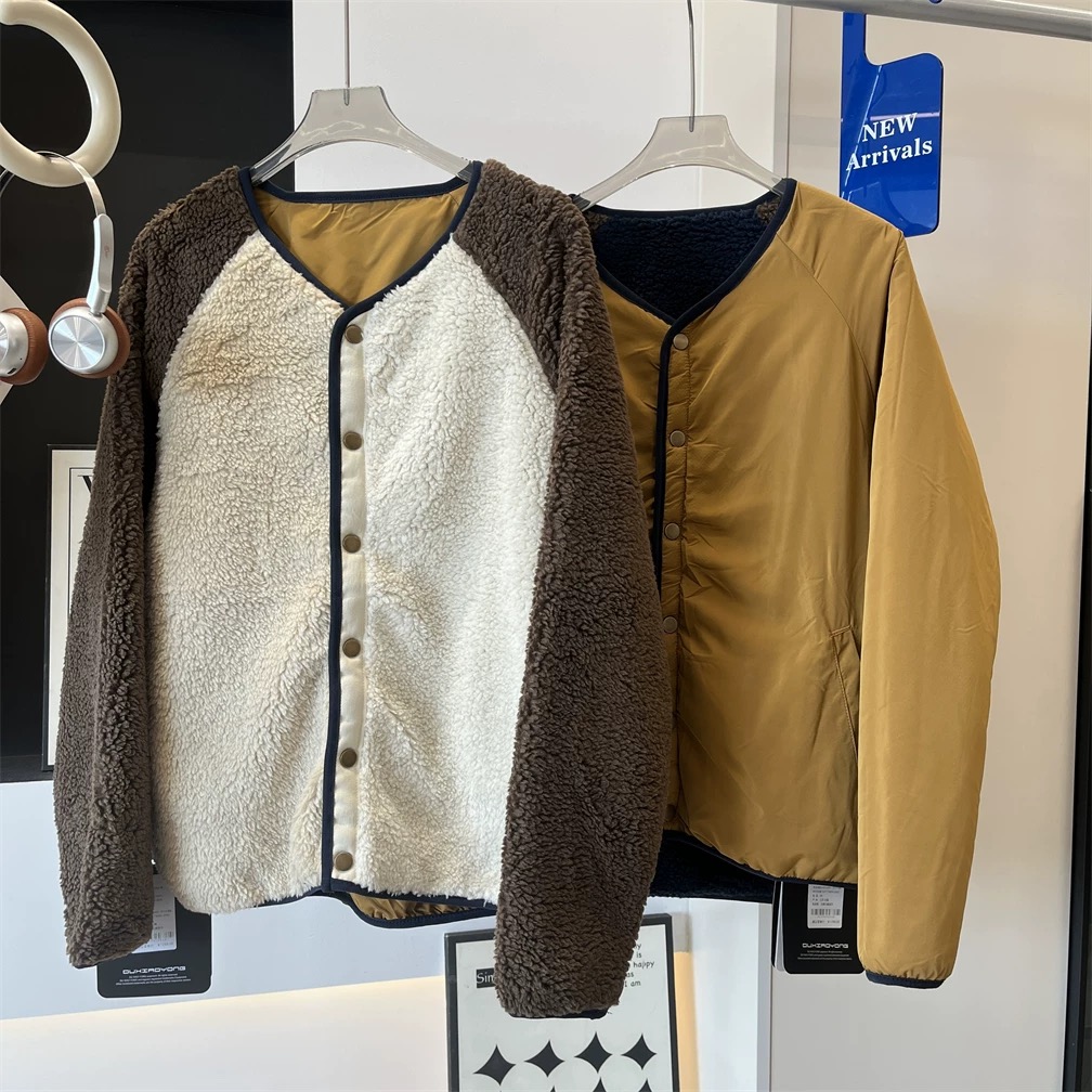 【户外品牌】冬季双面穿女士拼色拼接圆领夹克加绒短款保暖外套