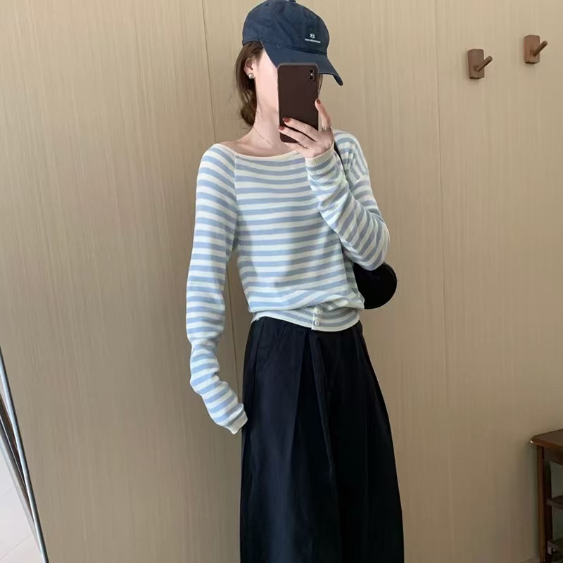 ICCLEK 蓝色斜肩条纹长袖气质轻奢名媛慵懒通勤宽松百搭长袖-9050