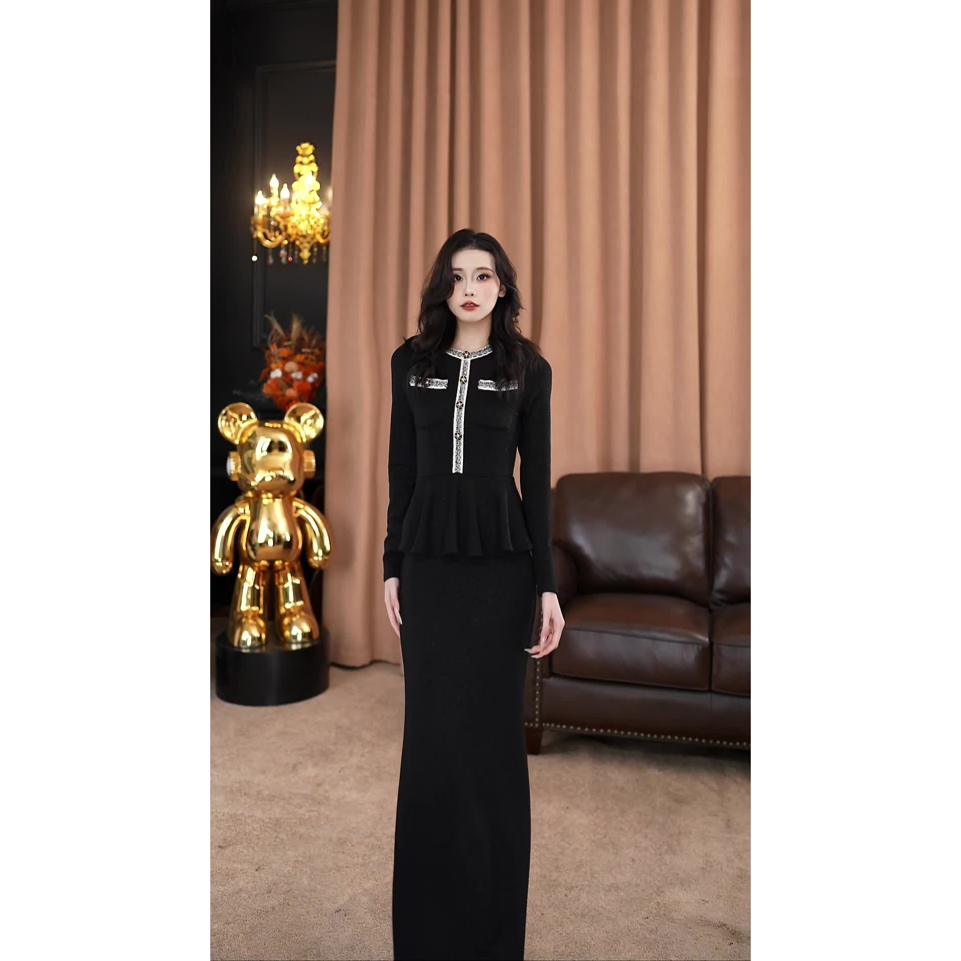 【安安】小香风撞色黑色套装修身显气质连衣裙-VG0464