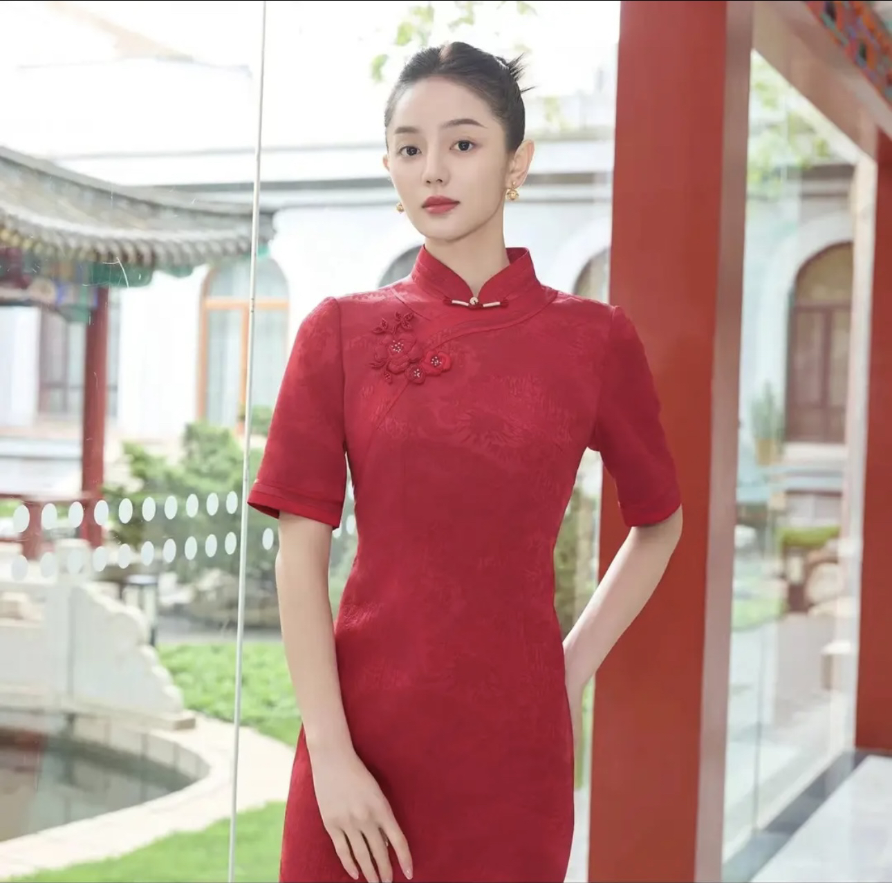 红色 暗纹提花旗袍+17897