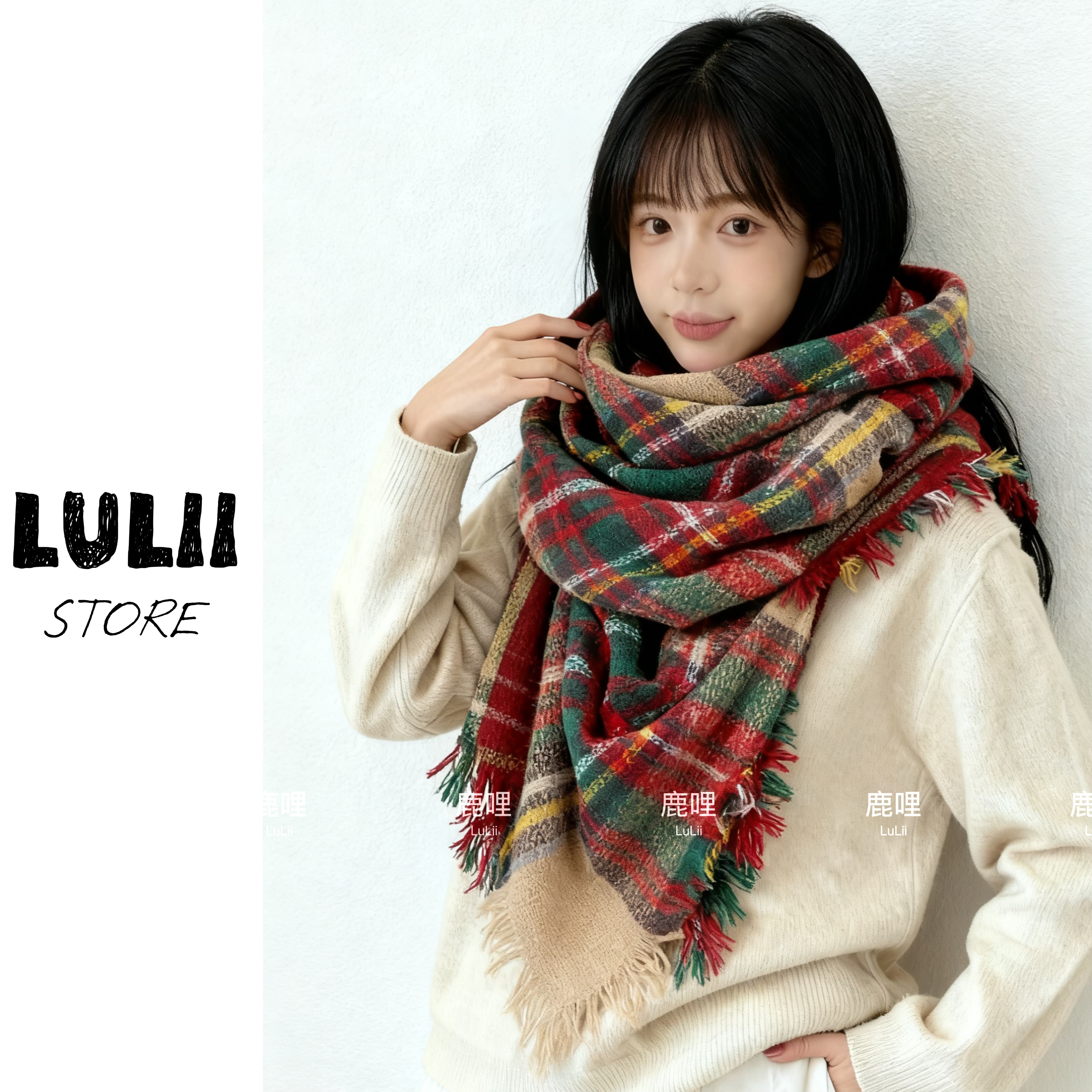 秋冬新款ins风时尚三角围巾流苏格子日韩系保暖百搭双面加厚披肩