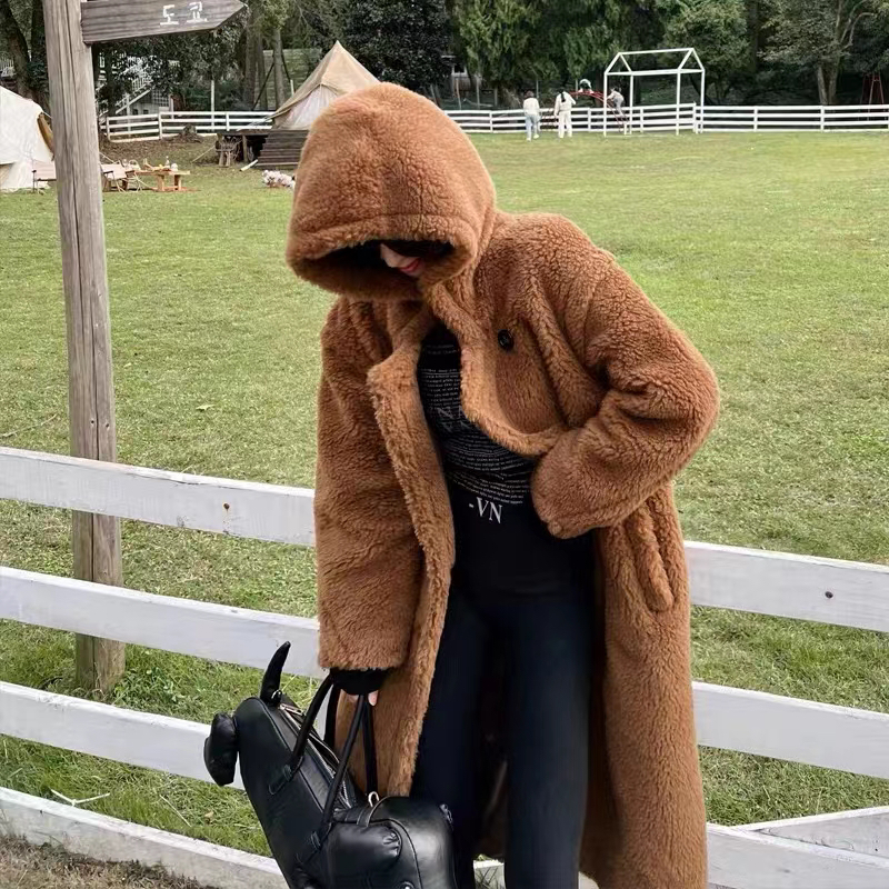 素SEUL长款泰迪大衣女士秋冬海军领修身气质保暖外套