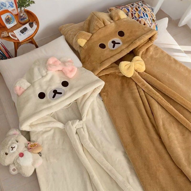 小猫缝纫机 萌 轻松熊法兰绒午睡毯披肩保暖连帽斗篷空调盖毯AA@